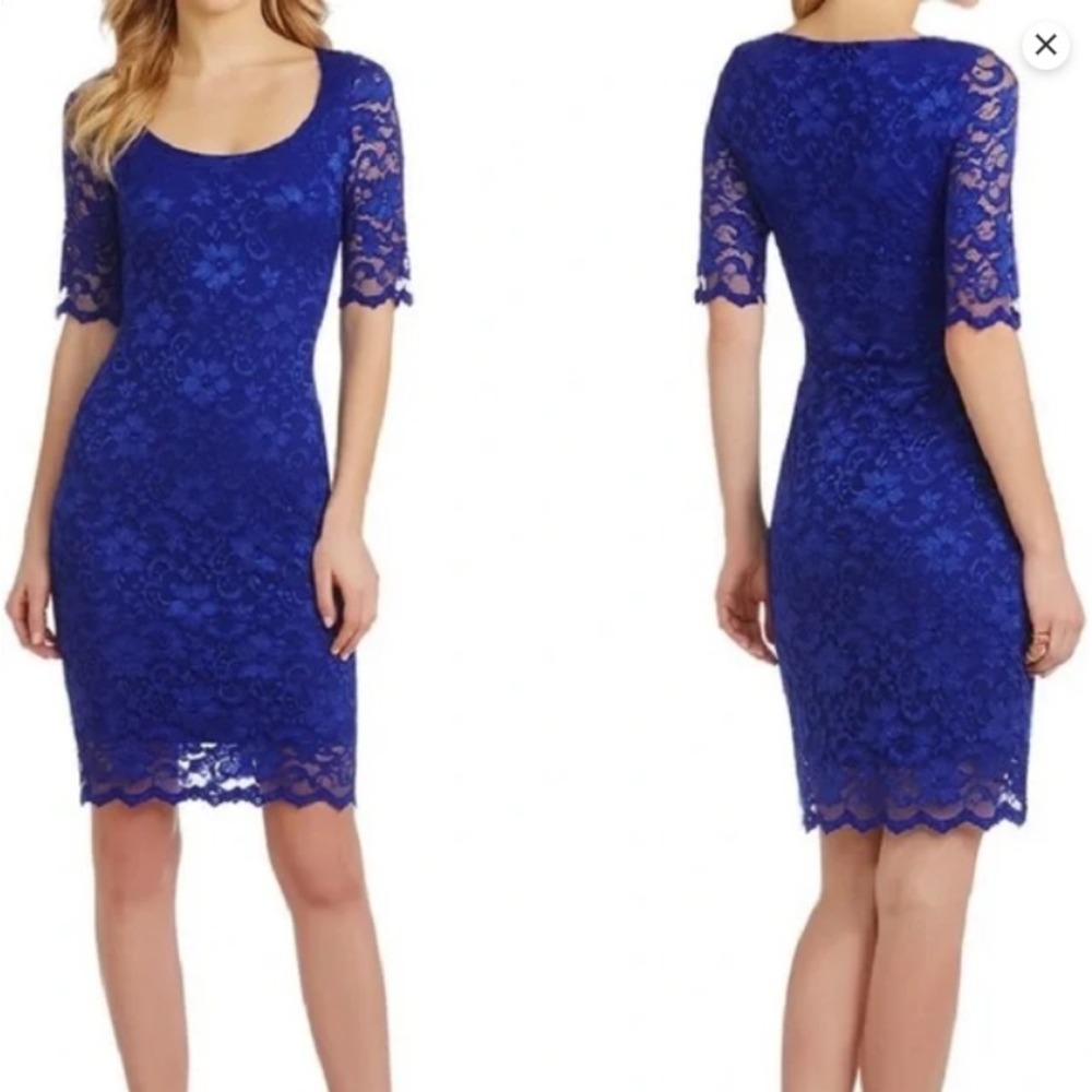 Belle‎ Badgley Mischka Katia Dress Womens 12 Blue Lace Sheath Cocktail Party